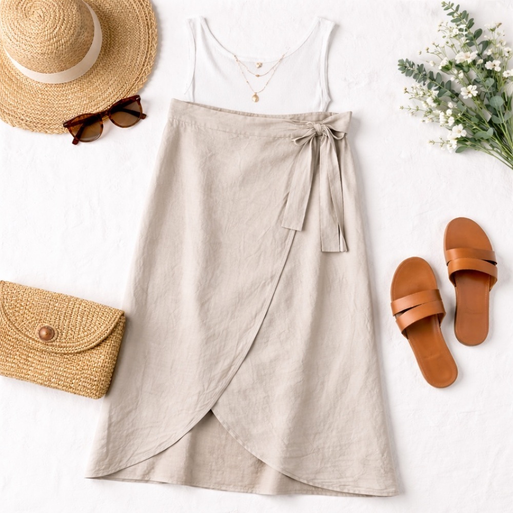 Lole | Linen Blend Wrap Midi Skirt | Beige Oatmeal | Tie Waist | Size M - Picture 2 of 5
